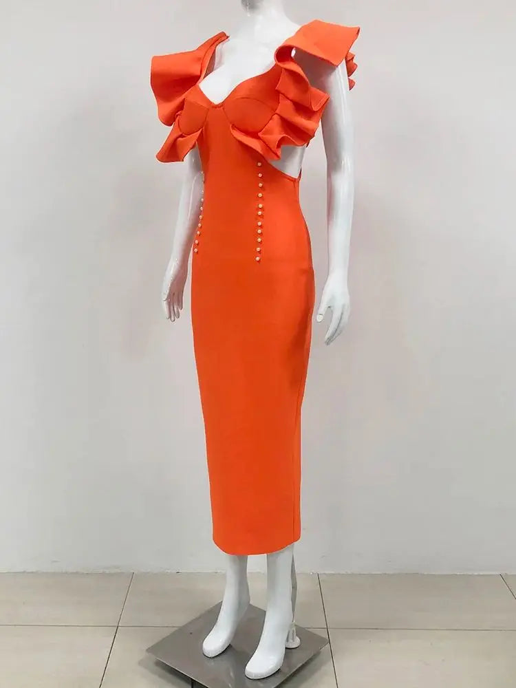 Orange Cut Out Midi Bandage Bodycon Dress VestiVogue  