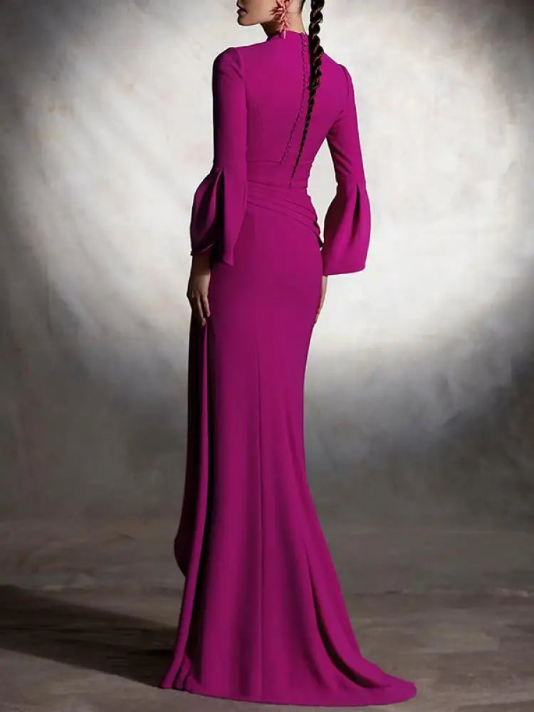 Elegant Floor-Length Pleated Evening Dress with Deep V-Neck and Ruffle Sleeves VestiVogue