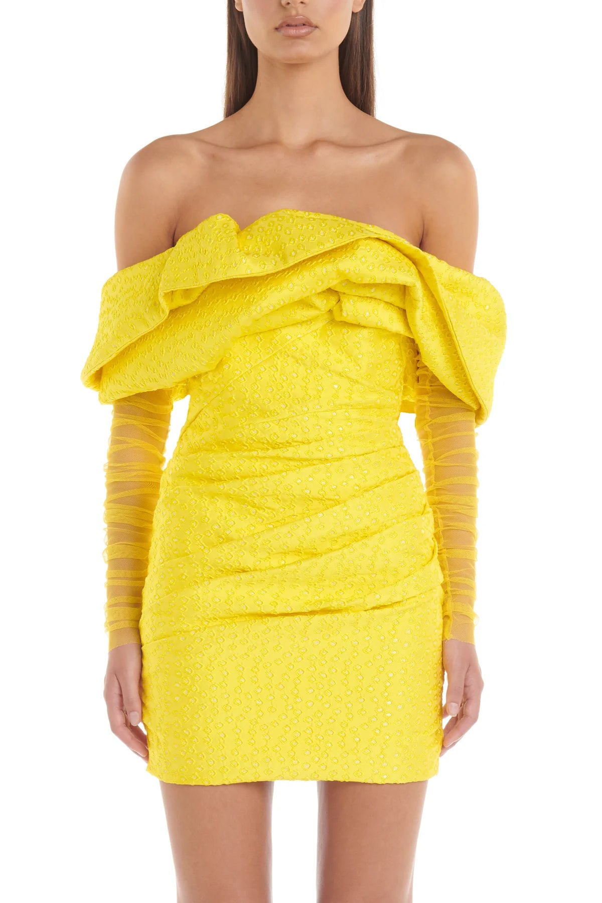 Elegant Yellow Strapless Mini Dress with Mesh Patchwork VestiVogue