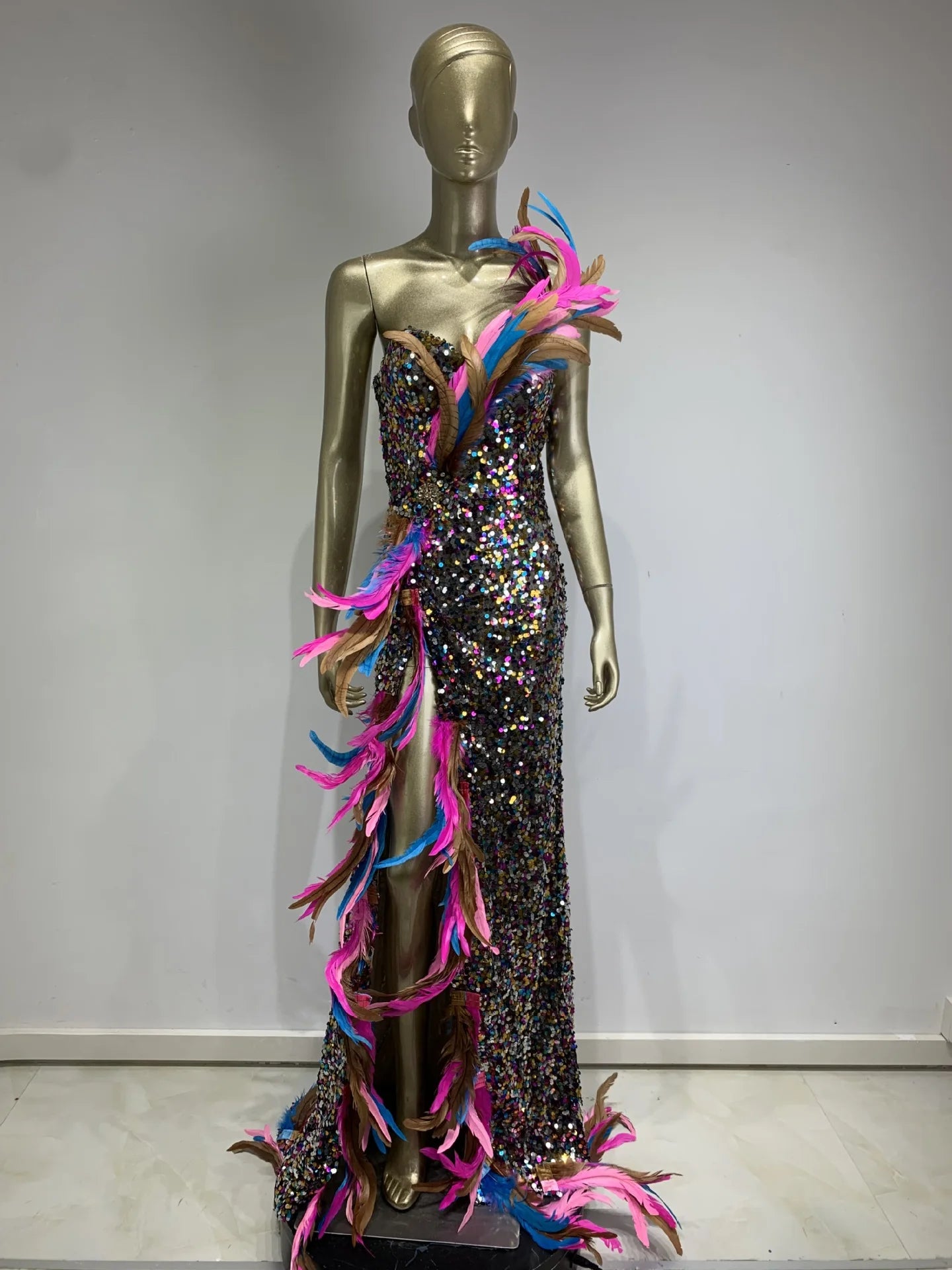 Strapless Colourful Feather Sequin Maxi Dress VestiVogue  