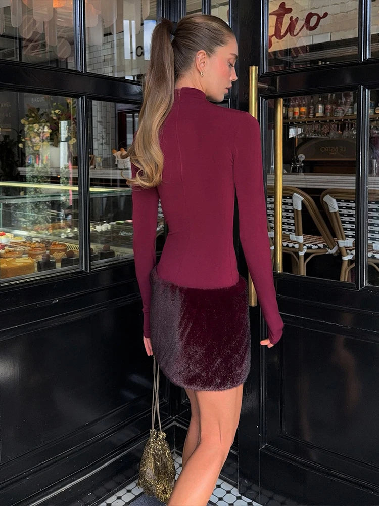 Classic Furry Patchwork Bodycon Dress in Peach VestiVogue