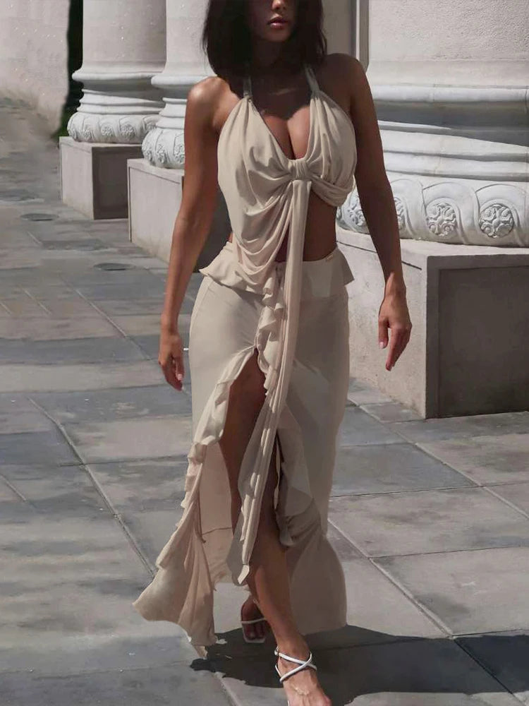 Asymmetrical Pleated Halter Tank & Ruffle Split Maxi Skirt Set VestiVogue