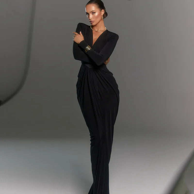 Elegant Deep V-neck High Slit A-line Dress in Black VestiVogue