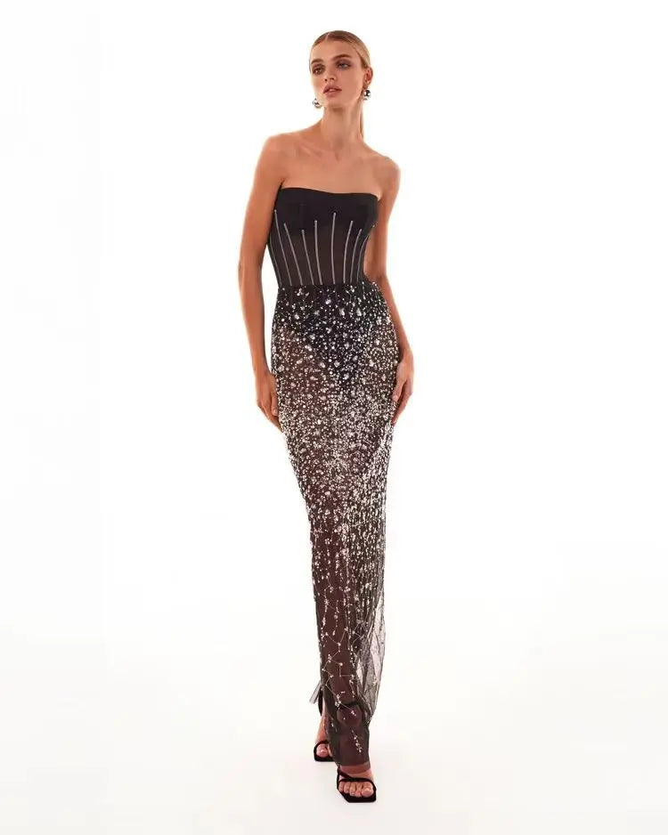 Strapless Mesh Sequin Bodycon Dress VestiVogue