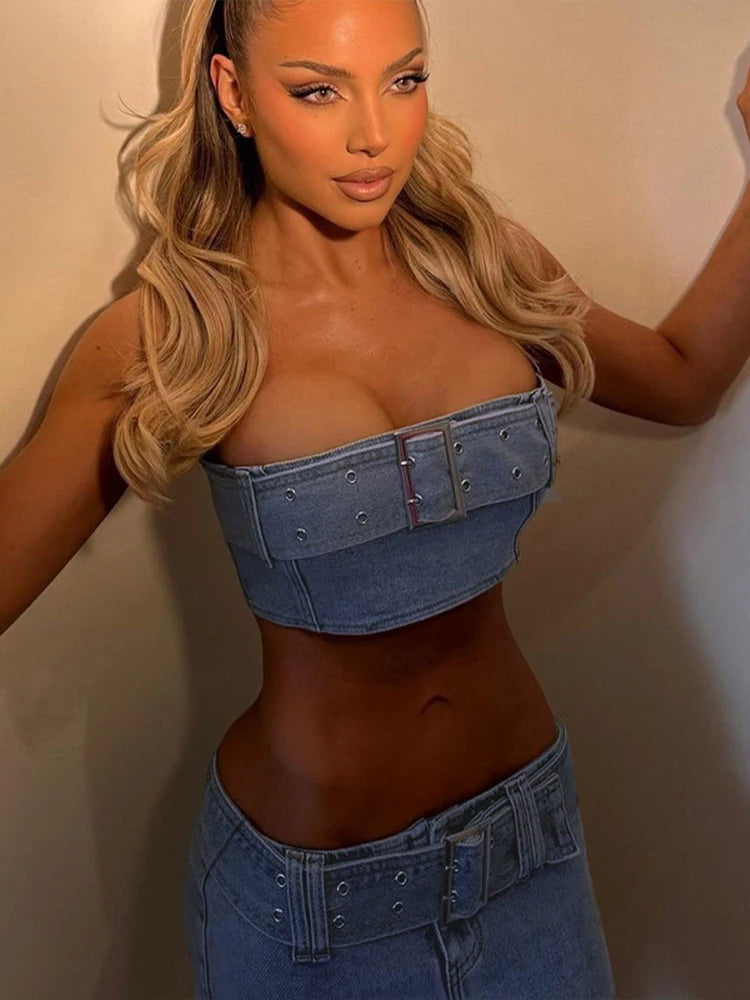 Chic Denim Wrap Top & Mini Skirt Set VestiVogue denim blue S