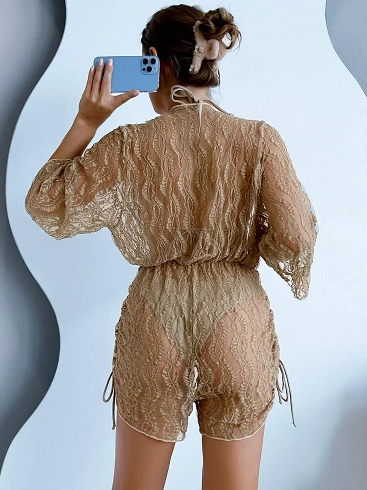 Lace Hollow-Out 3-Piece Bikini Set with Pleated Cover-Up VestiVogue