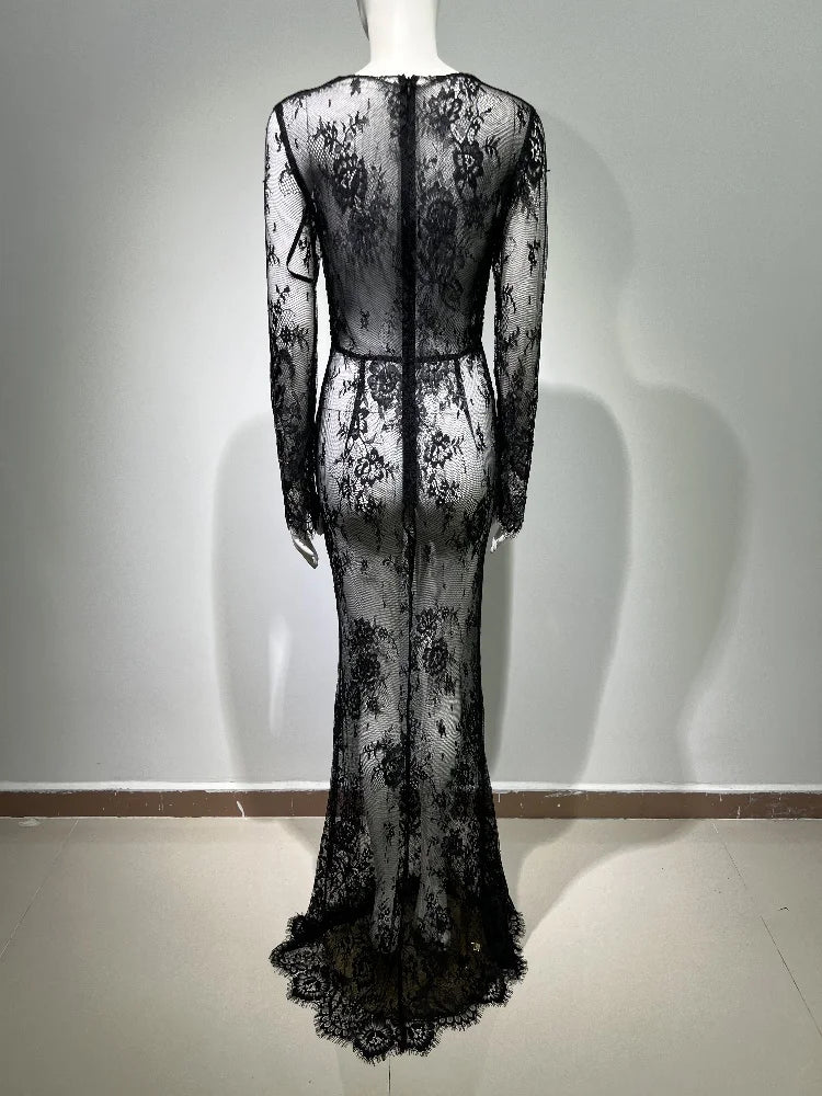 Black Lace V Neck Trumpet Maxi Dress VestiVogue