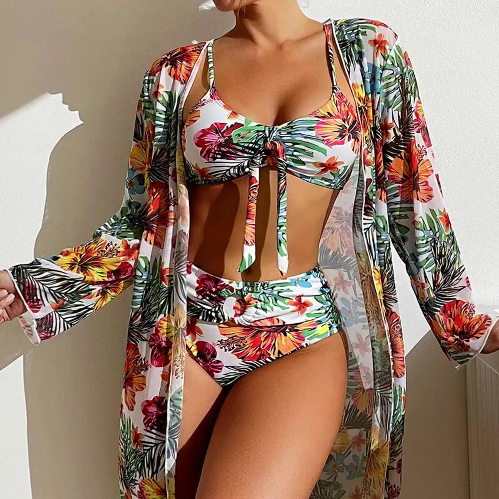 Floral print High Waisted 3 piece bikini set VestiVogue  