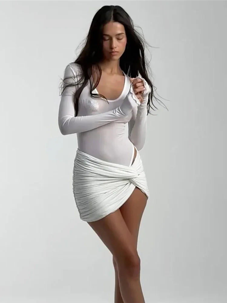 Chic Spliced Bodysuit and Cross Pleated Mini Skirt Set VestiVogue WHITE L