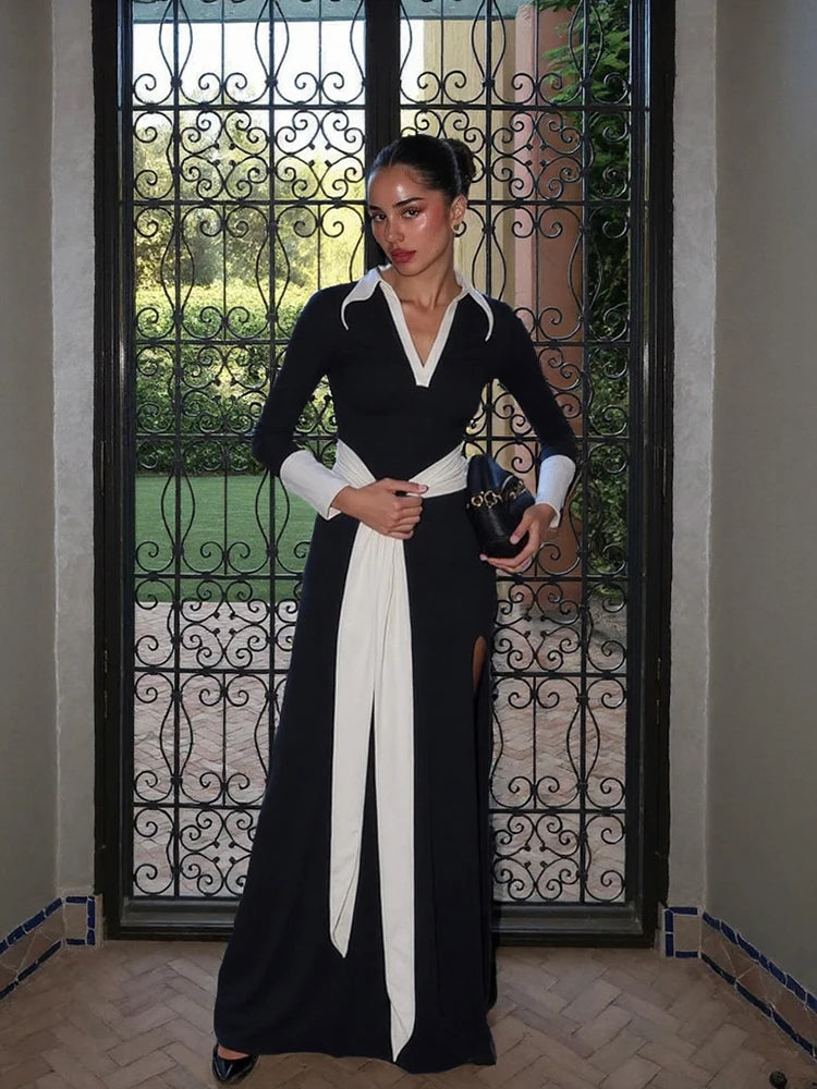 Chic Panelled Maxi Dress with Turn-Down Collar and Full-Length Sleeves VestiVogue black S