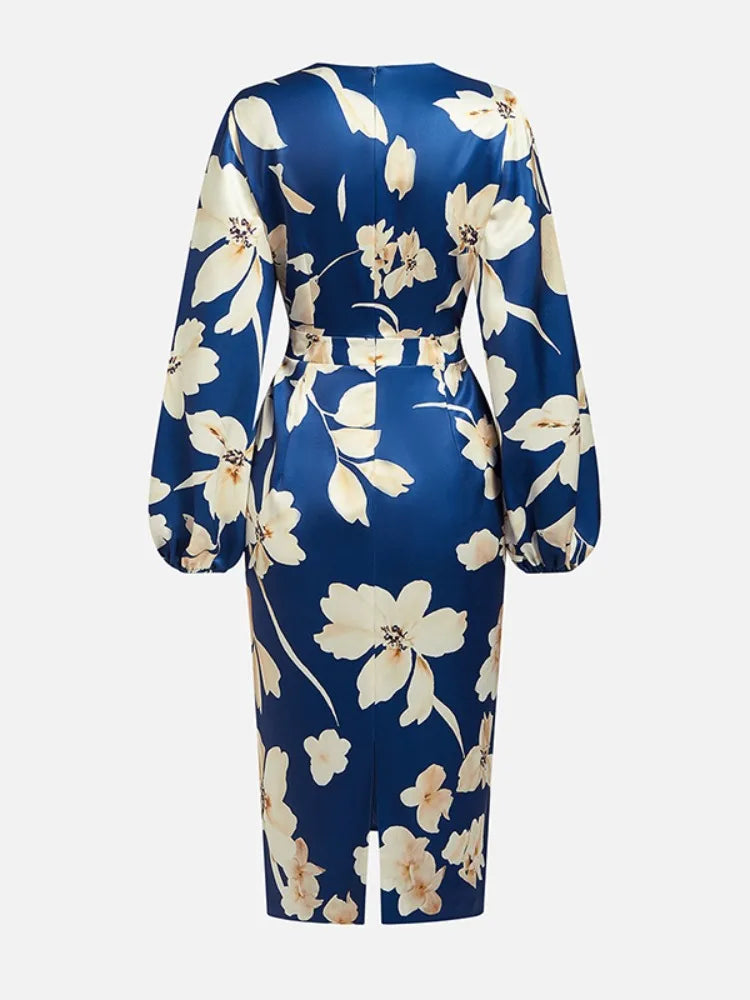 Floral V-Neck Puff Sleeve Bodycon Midi Dress VestiVogue