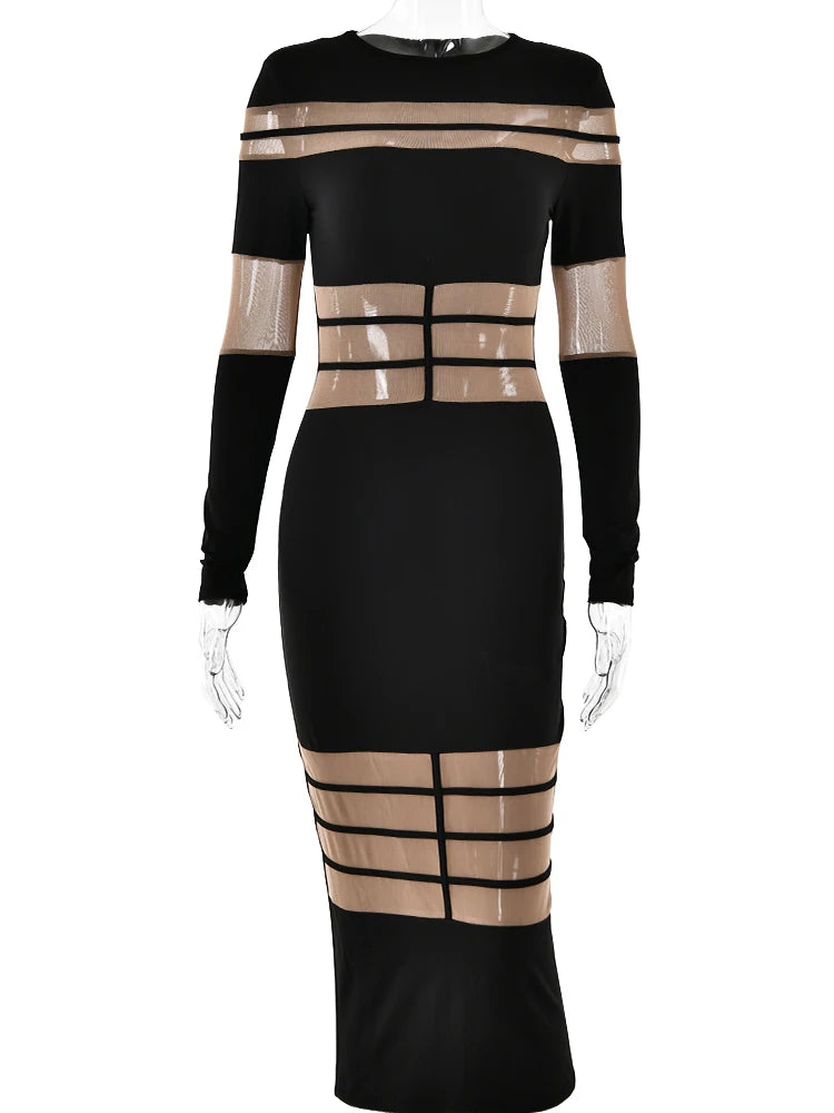 Elegant Long Sleeve Mesh Patchwork Bodycon Dress for Women VestiVogue black M