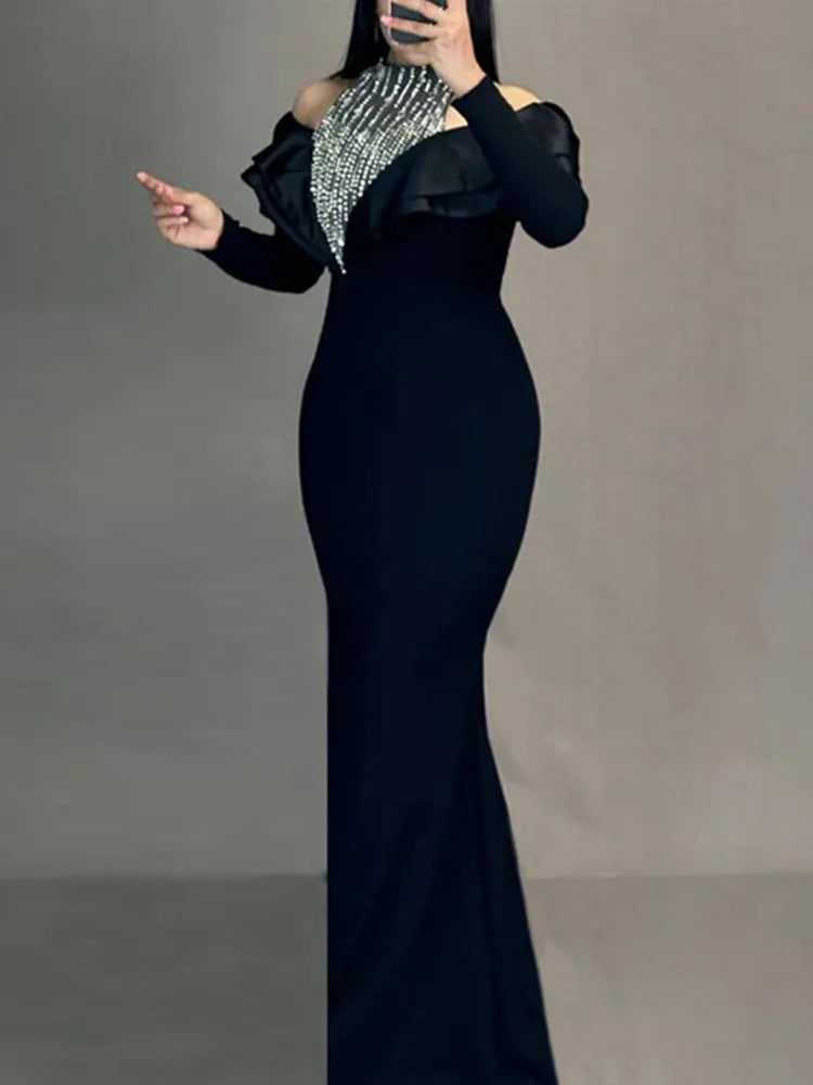 Elegant Black Ruffle Maxi Dress with Diamonds and Turtleneck VestiVogue black S