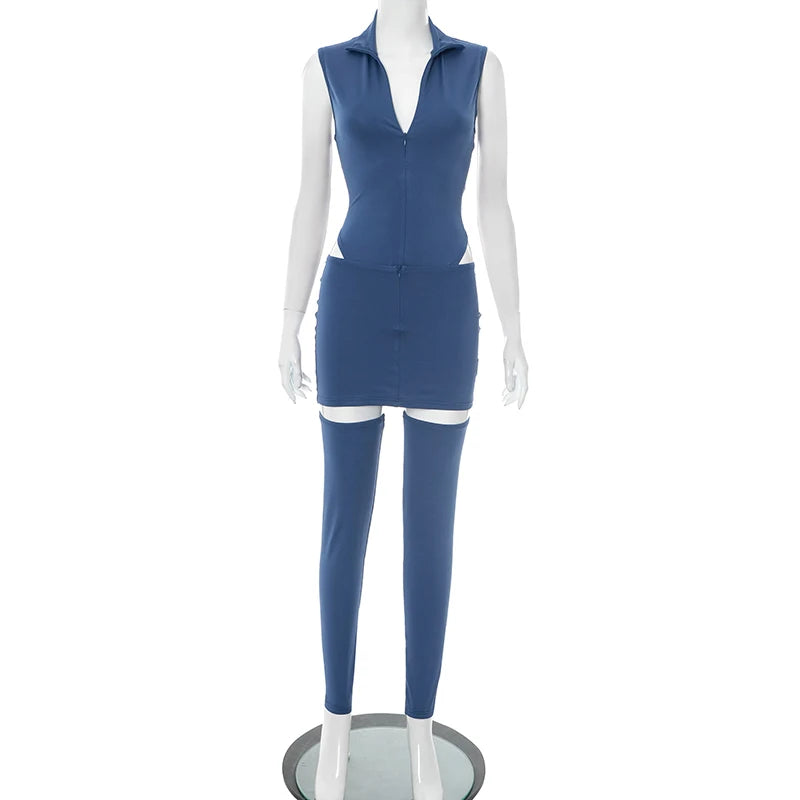 Sleek Stand Collar Bodysuit with Low-Waist Skirt & Calf-Length Leggings Set VestiVogue
