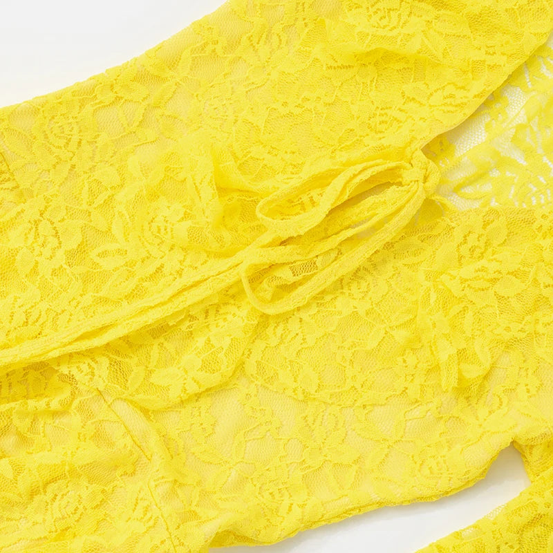 Elegant Patchwork Lace Mini Dress with Ruffle Tie & Flare Sleeves VestiVogue