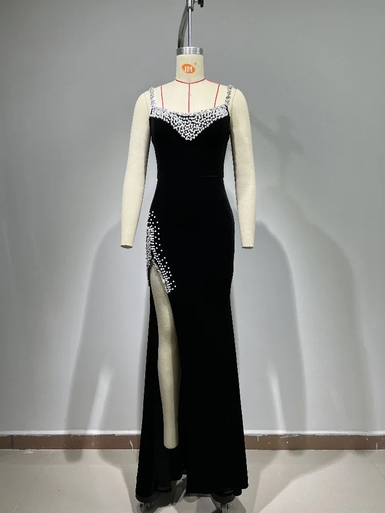 Chic Black Velvet Beaded Crystal Maxi Dress VestiVogue  