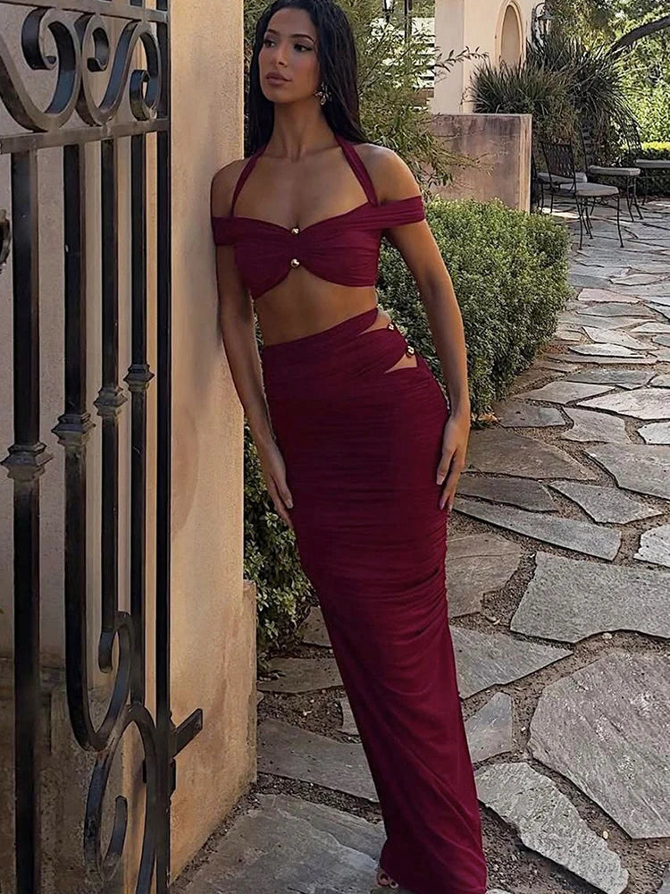 Halter One-Shoulder Mini Top & Hollow Long Skirt Set VestiVogue