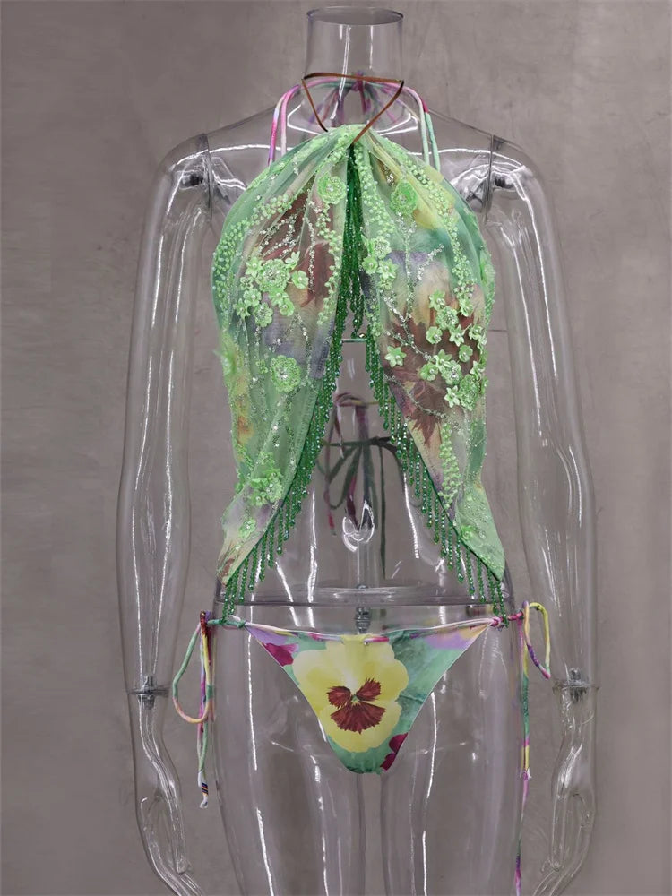 Floral Print 3 Piece Beach Set VestiVogue