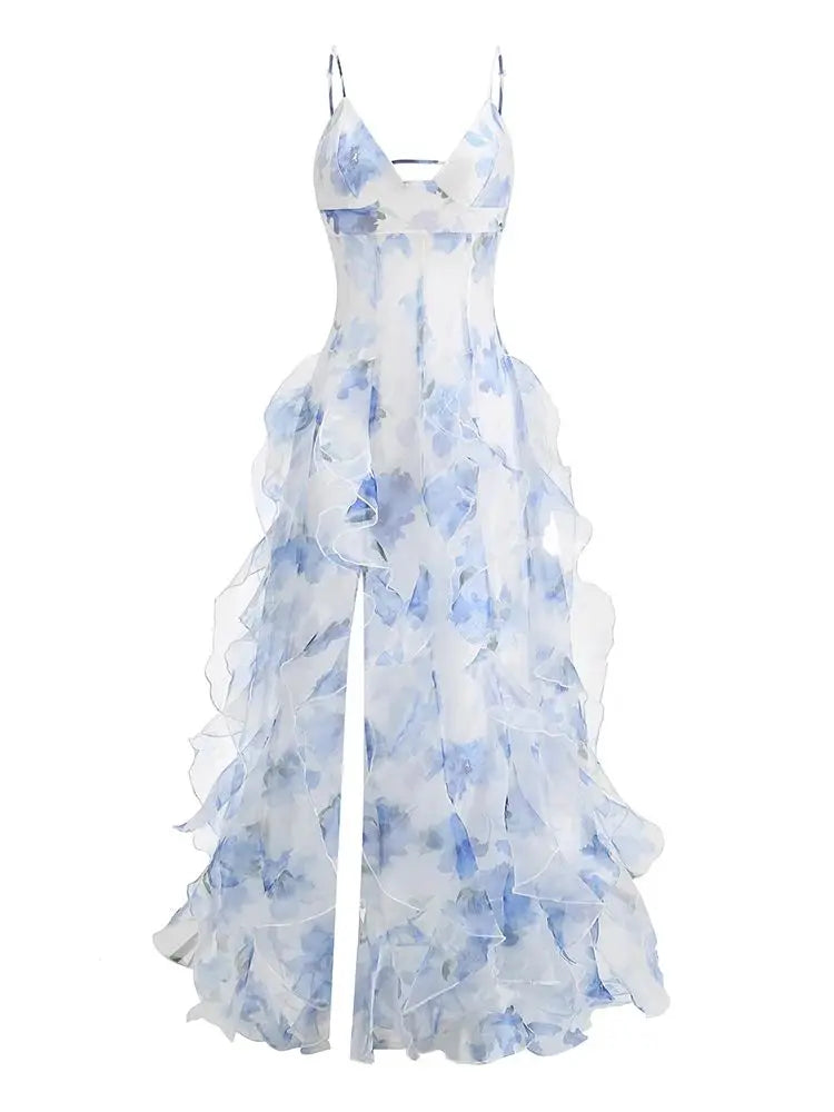 V Neck Backless Flower Maxi Dress VestiVogue SKY BLUE M