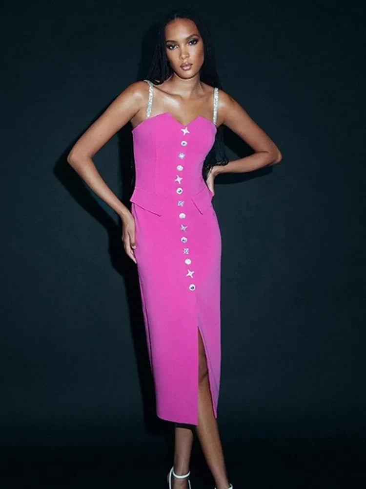 Sleeveless Hot pink Midi Bandage Dress VestiVogue Fuchsia L