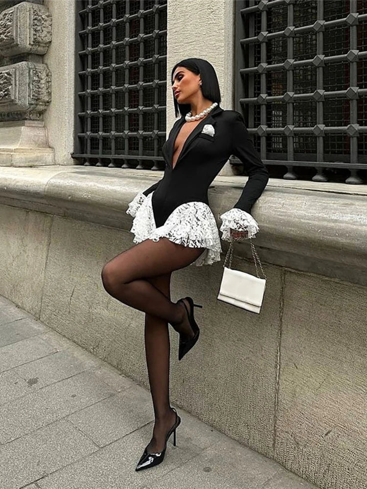 Ruffle Tiered Bodysuit with Deep V-Neck and Full Sleeves VestiVogue