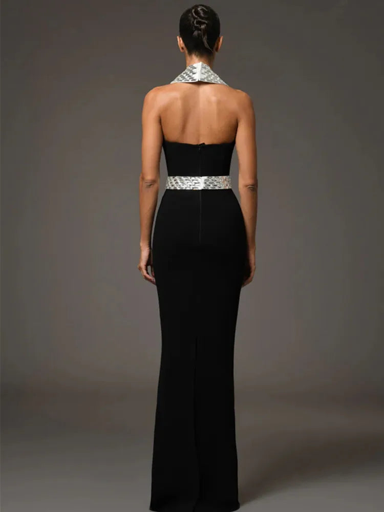 Black Backless Beaded Maxi Bodycon Dress VestiVogue