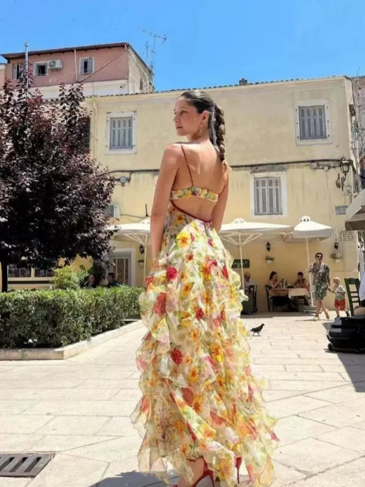 V Neck Backless Flower Maxi Dress VestiVogue  