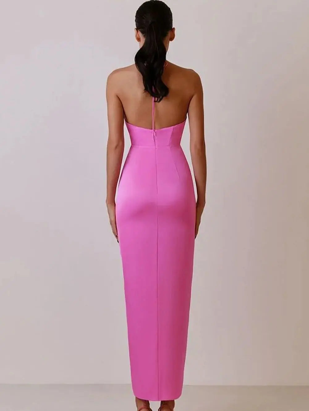 Pink Satin Backless Halter Evening Dress VestiVogue  