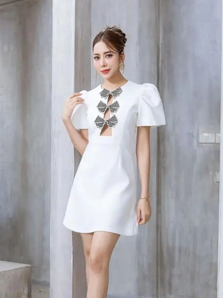 White Bandage Mini Dress with Bow and Crystal Beads VestiVogue