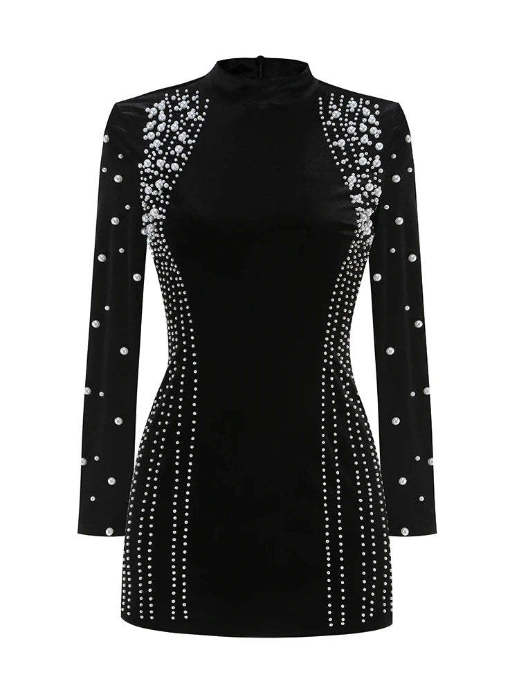 Black Velvet Pearl Beaded Mini Dress VestiVogue black S