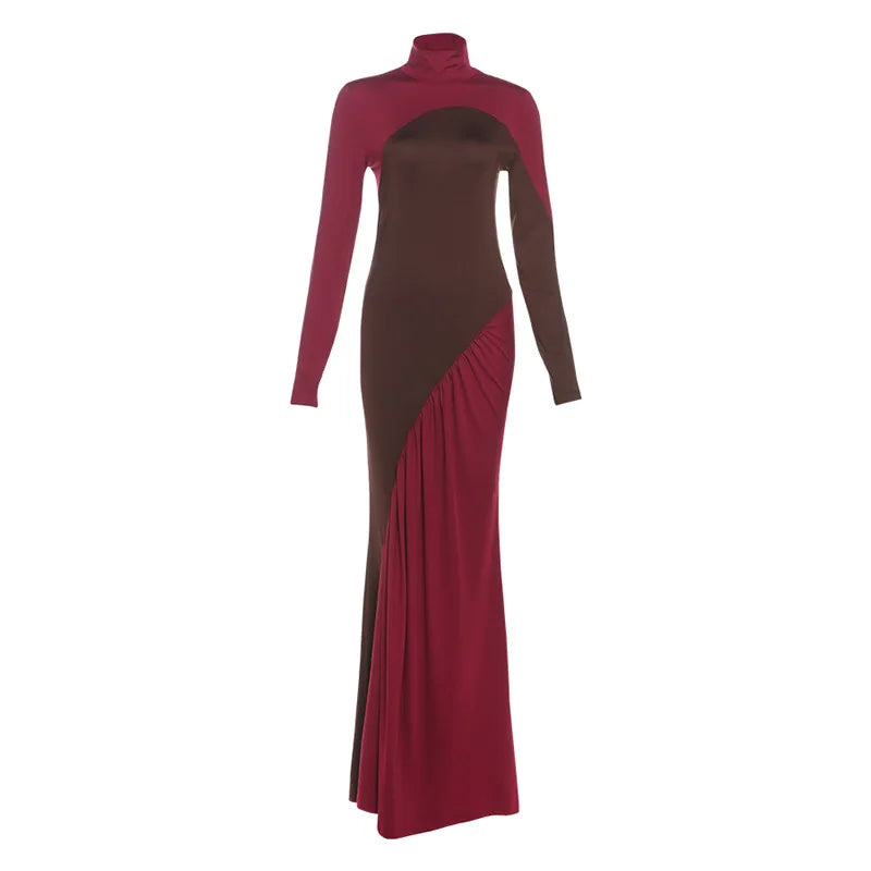 Chic Contrast Patchwork Turtleneck Dress with Full Sleeves VestiVogue Wine red M