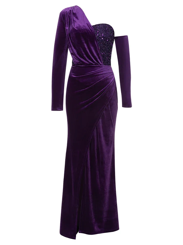 Asymmetrical Sequins Velvet Maxi Dress with Split VestiVogue PURPLE L