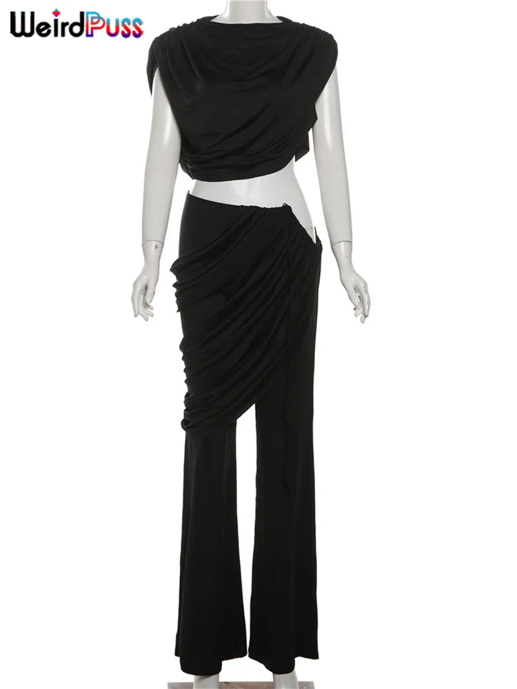 Ruched Tank Top & High Waist Flare Pants Set VestiVogue