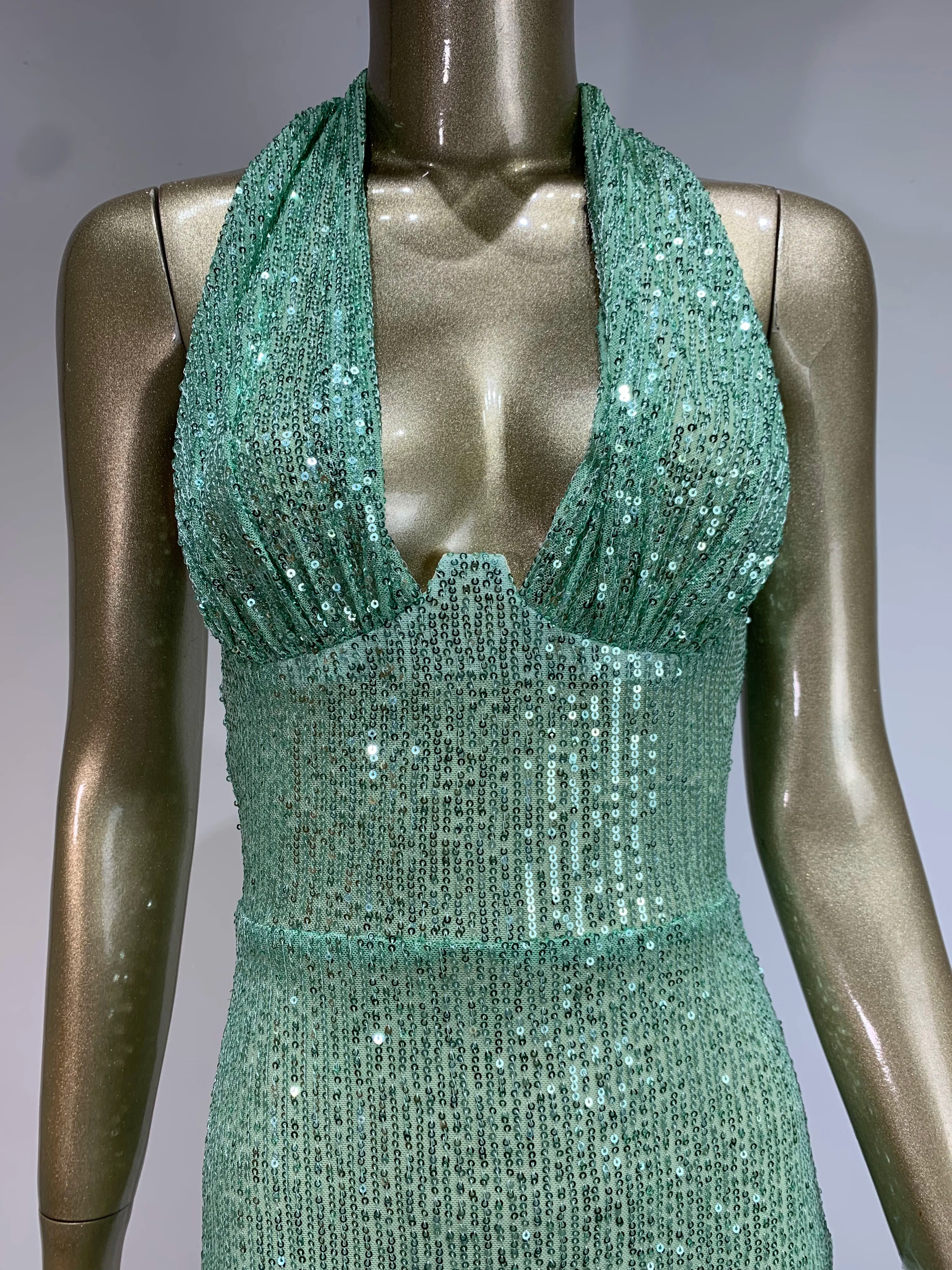 Elegant Mint Green Backless Halter Sequin Maxi Gown VestiVogue