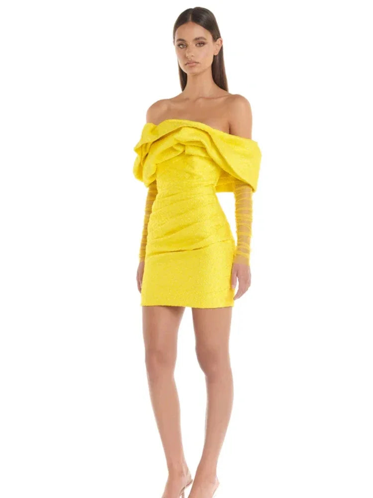 Elegant Yellow Strapless Mini Dress with Mesh Patchwork VestiVogue