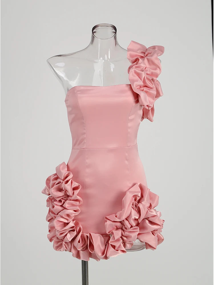 Satin one shoulder mini Dress VestiVogue Pink L