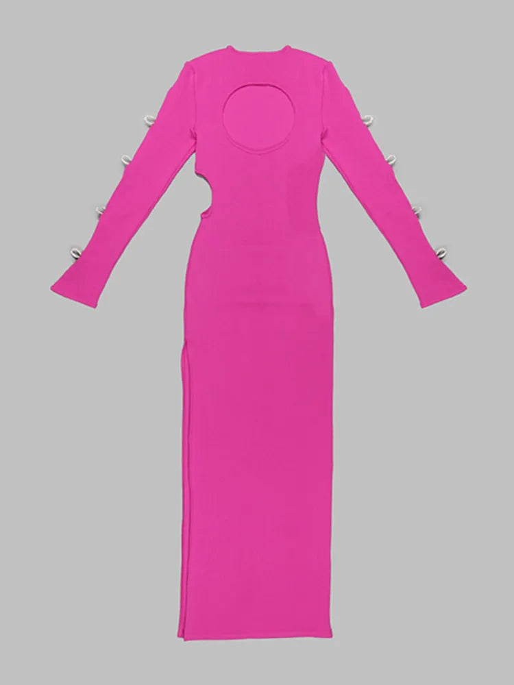 Hot Pink Crystal Bow Tie Long Sleeve Maxi Dress VestiVogue  