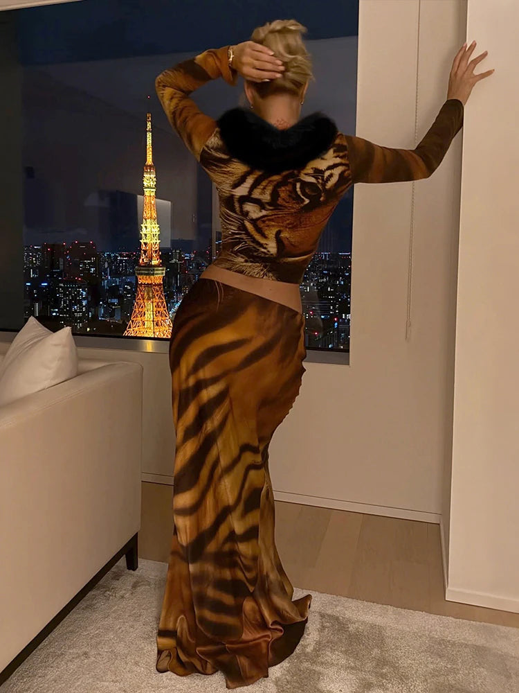 Tiger Print Furry Patchwork 2-Piece Set with Crop Top and Ankle-Length Bottoms VestiVogue