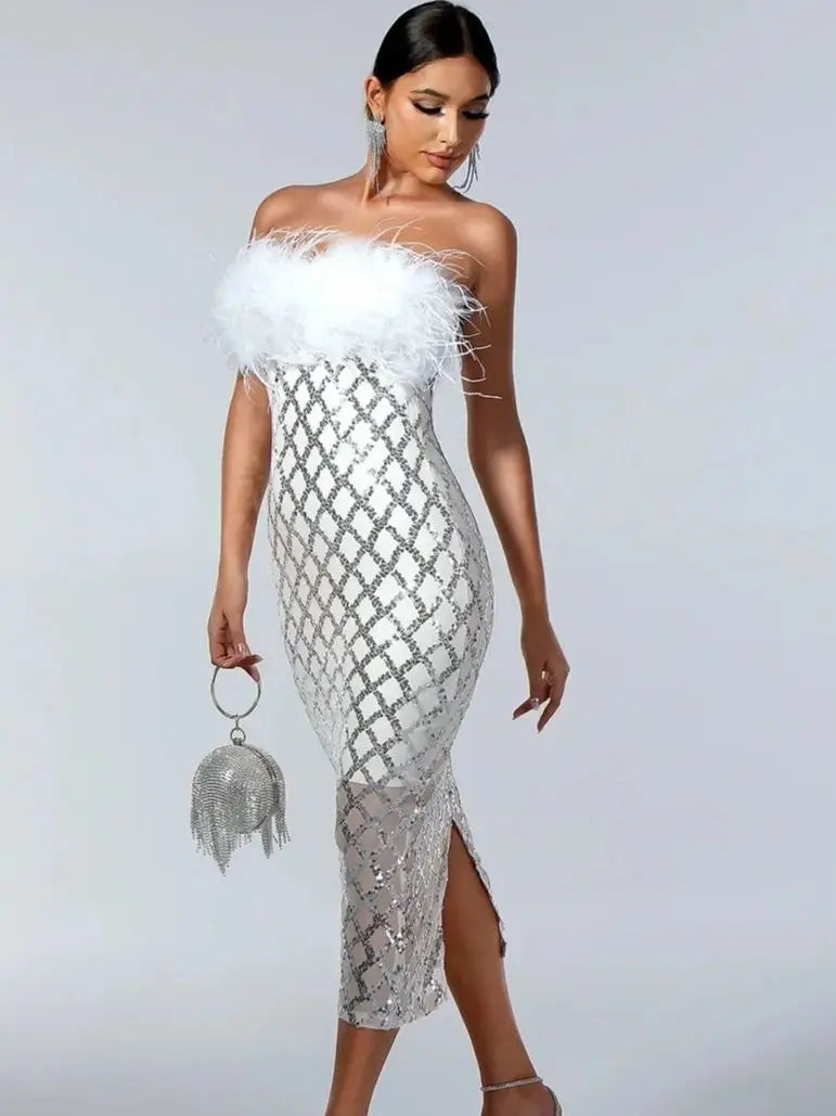 Luxury Feathers & Sequins Strapless Midi Dress VestiVogue