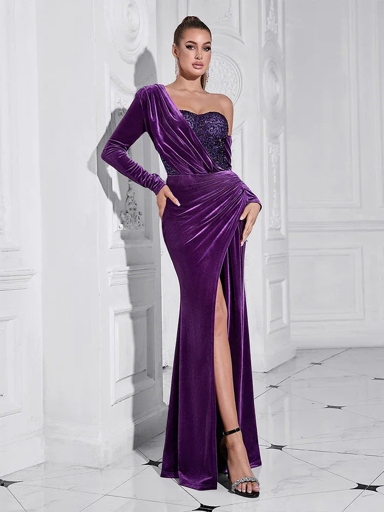 Asymmetrical Sequins Velvet Maxi Dress with Split VestiVogue