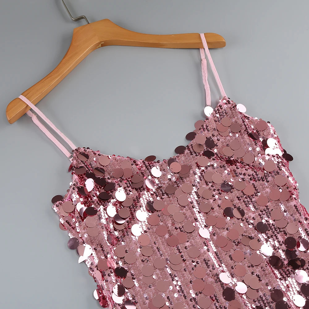 Sequin Pink Spaghetti Strap Mini Dress VestiVogue