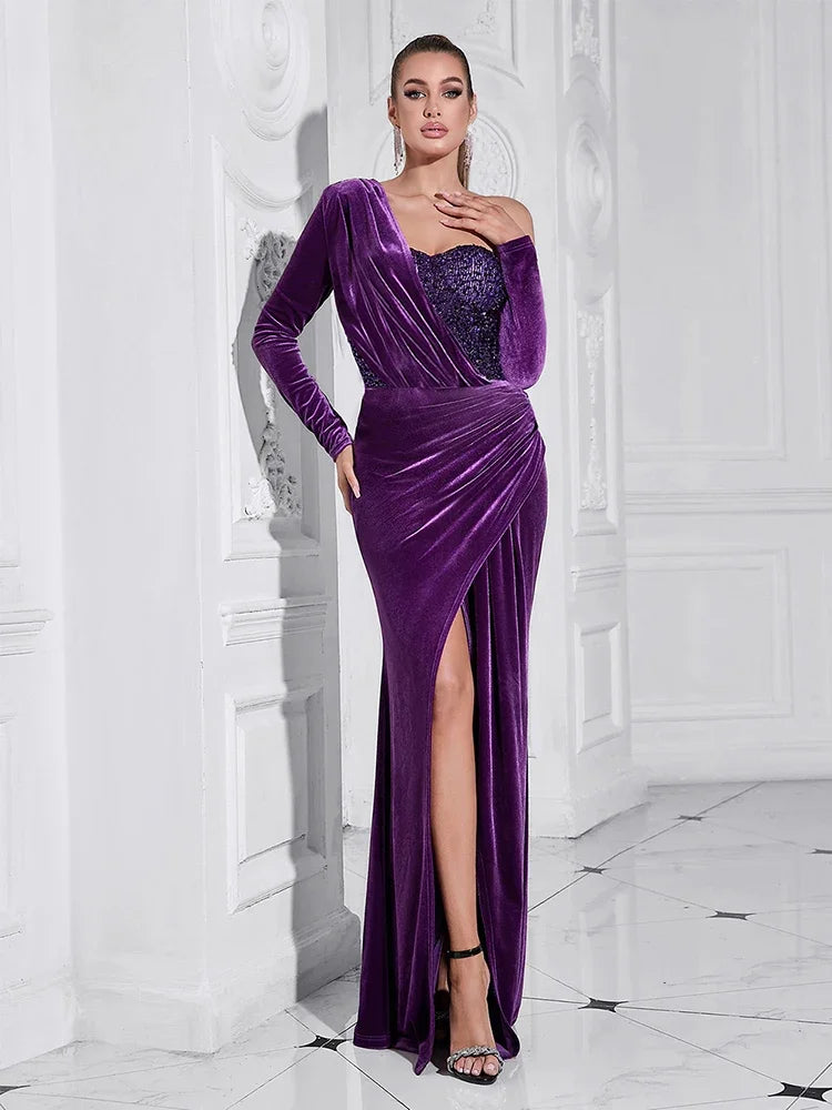 Asymmetrical Sequins Velvet Maxi Dress with Split VestiVogue