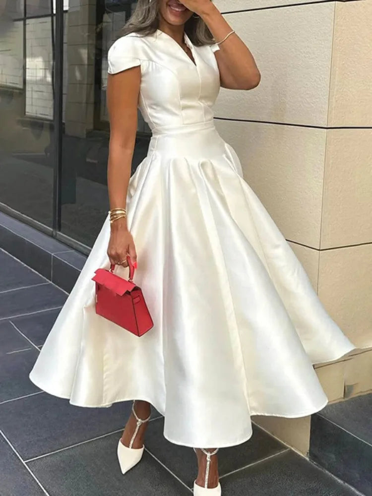 Elegant V-Neck Cap Sleeve A-Line Midi Dress with High Waist Pleats VestiVogue