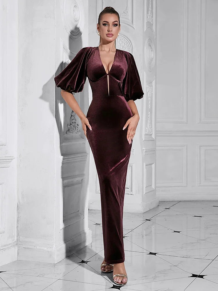 Wine Red V-Neck Puff Sleeve Backless Bodycon Dress VestiVogue