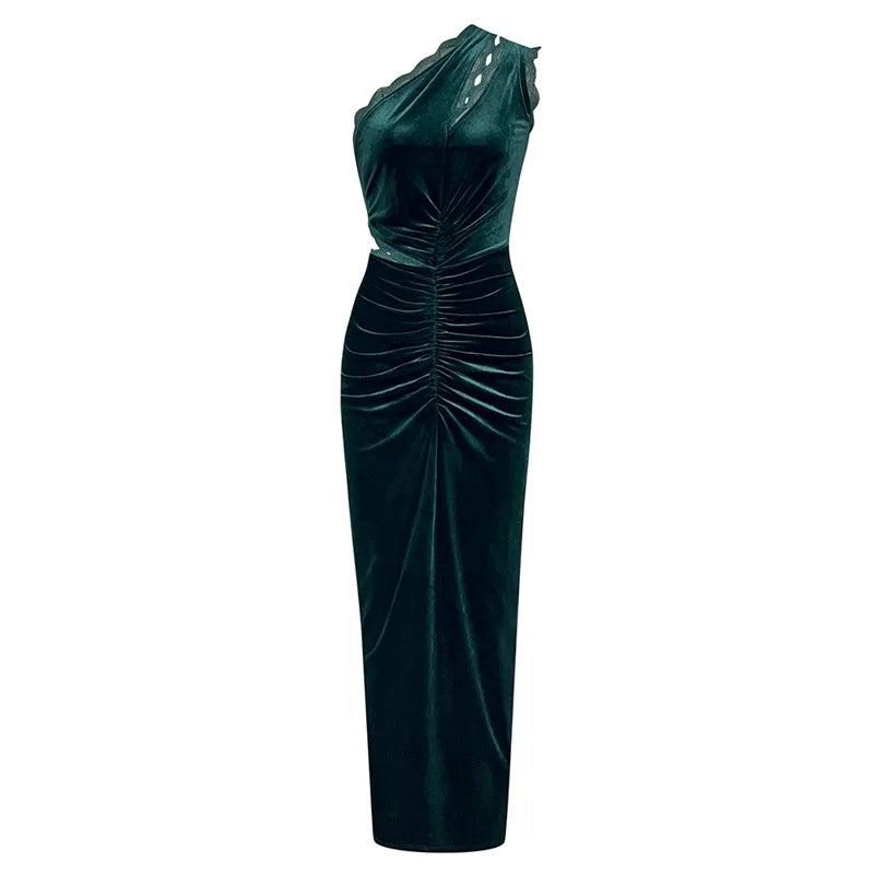 Elegant One Shoulder Velvet Maxi Dress with Lace Detailing VestiVogue