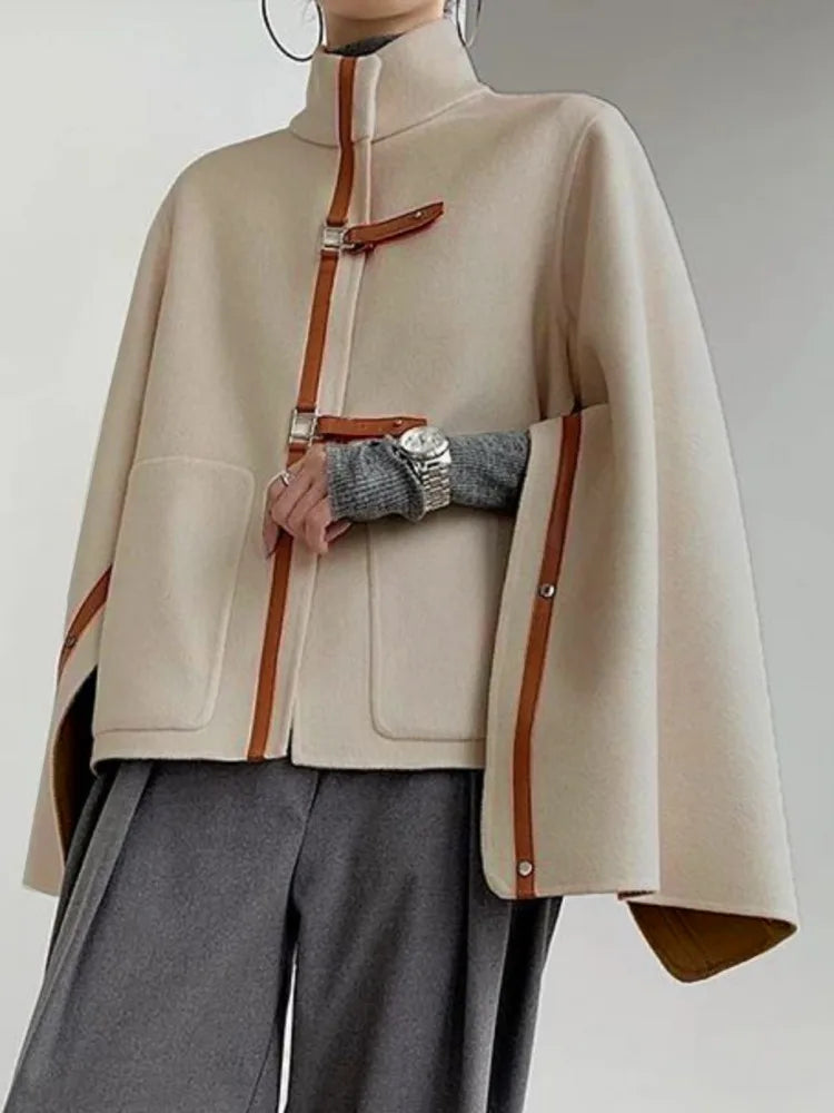 Chic High Neck Cape Jacket with Bat Sleeves VestiVogue APRICOT L