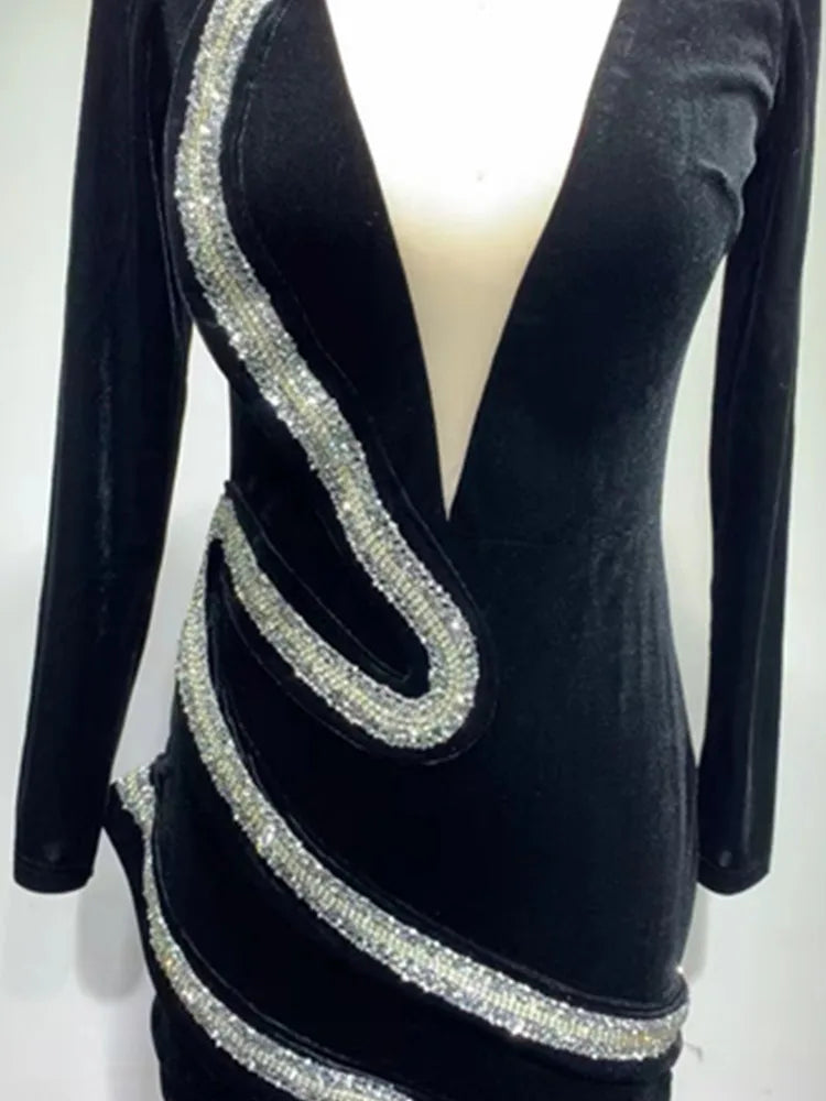 Black Velvet Sequined Bodycon Dress VestiVogue