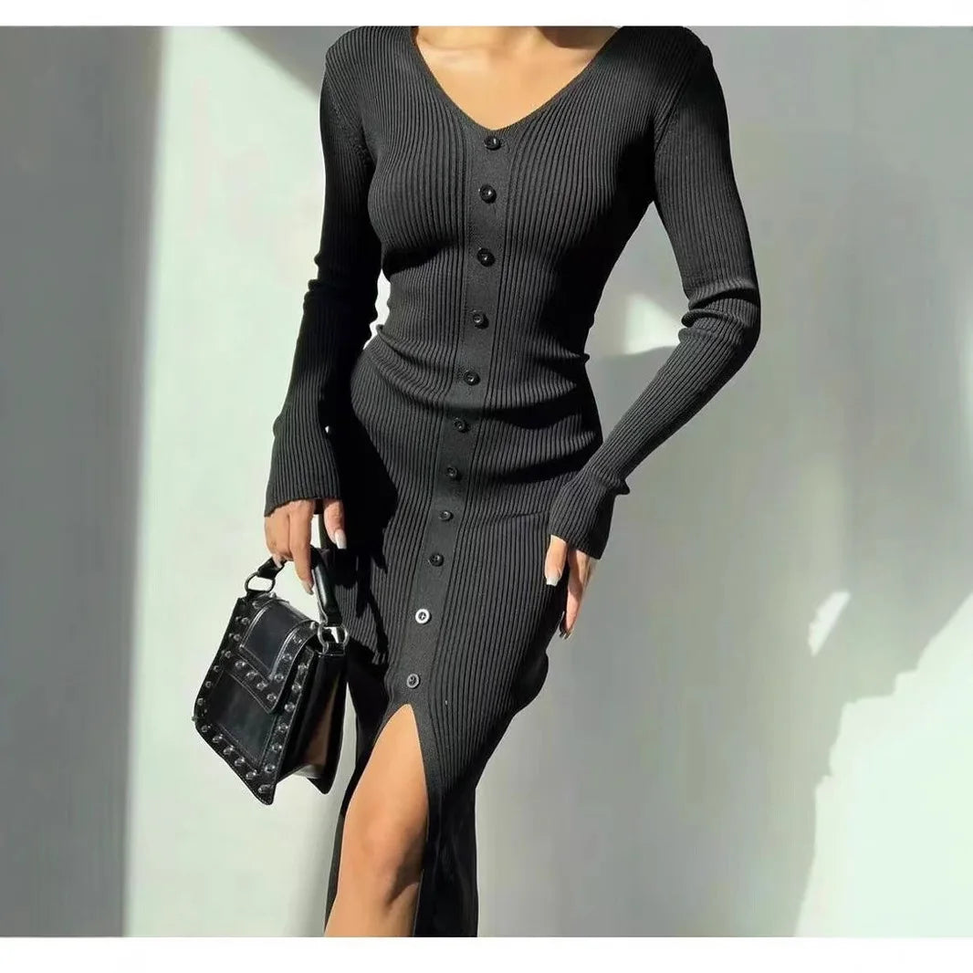 Sophisticated Knitted V-Neck Midi Dress with Long Sleeves VestiVogue