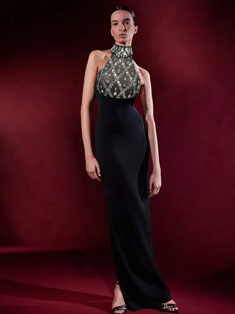 Elegant Black Halter Beaded Bodycon Maxi Dress VestiVogue black M