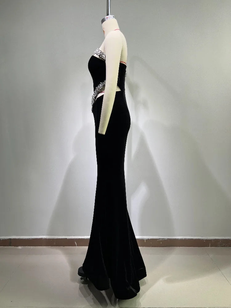 One Shoulder Black Velvet Maxi Dress VestiVogue